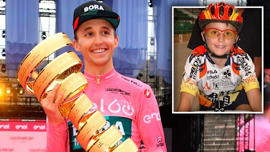 Jai Hindley after winning the Giro d’Italia and as a kid.