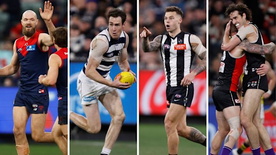 From left: Melbourne captain Max Gawn, Geelong star Jeremy Cameron, Collingwood forward Jamie Elliott, and St Kilda forward Max King.