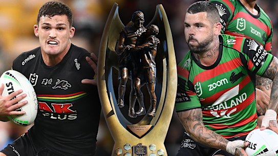 The decider ... Rival halfbacks Nathan Cleary and Adam Reynolds will do battle for the NRL premiership trophy on Saturday.
