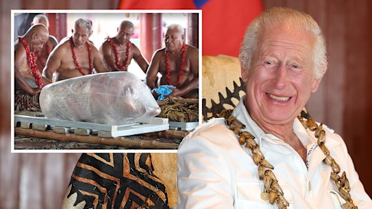 King Charles III at an official royal ’ava ceremonial welcome at the National University of Samoa on October 24, 2024 in Apia, Samoa. Charles and Camilla were given a whole pig as part of the ceremony. 