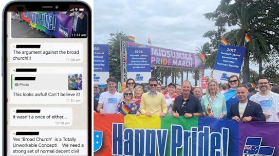 State opposition leader John Pesutto takes part in the Midsumma Pride March on February 5 with fellow state Liberal MPs Georgie Crozier, Jessica Wilson, David Southwick, Matt Bach, James Newbury, David Davis and Nick McGowan.