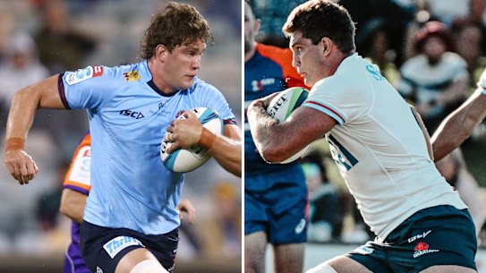 Will Harris running in 2022 (left) and playing against the Brumbies in a trial last week (right).
