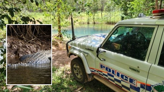 Composite of QPS photo and file image of crocodile. Human remains found in search of Aurukun man.