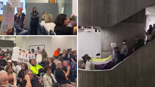 Screenshots taken from footage of protests at a meeting of City of Monash council on Wednesday night.