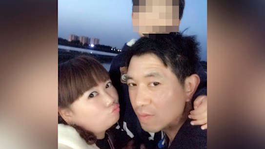 Lihong Wei (left) with her son and husband Xiaojun Chen (right) who died in Sydney in a motor vehicle incident while working for delivery company Hungry Panda.