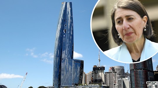 Composite: Premier Gladys Berejiklian presser at theParliament house, Sydney. Photo by Peter Braig . 10 February 2021 and The Crown Resorts Ltd. Barangaroo South luxury hotel resort and One Barangaroo Crown residences development, center left, overlooks the harbor in Sydney, Australia, on Wednesday, Feb. 10, 2021. Billionaire James Packer’s dream of opening a landmark casino in his home city of Sydney hangs in the balance after a damning report into money laundering and organized crime links found Crown isn’t fit to hold a gaming license. Photographer: Brendon Thorne/Bloomberg