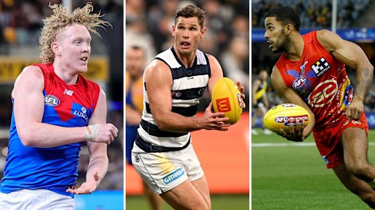 All-Australian selections Clayton Oliver, captain Tom Hawkins, and Touk Miller.