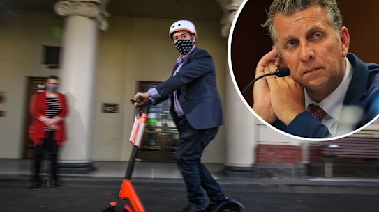 The Age, News, 01/09/2020 picture Justin McManus.Cllrs Lambros Tapinos calling for a trial of an escooter share system (like the old blue bikes) in Moreland as a safe way of travelling during covid.Minister for Transport Andrew Constance during a Senate estimates hearing at NSW Parliament in Sydney. 25th Feb 2021. Photo: Steven Saphore / SMH