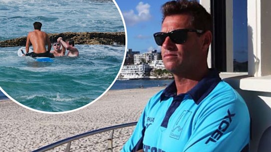 COmposite of Bruce Hopkins and the rescue at Manly beach