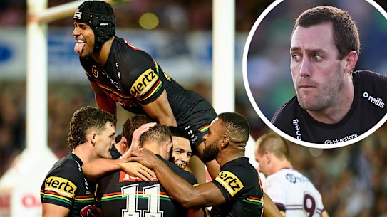 The Panthers celebrate a try during their crushing victory over the Sea Eagles on Saturday and (inset) Isaah Yeo. 