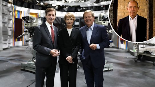 Former 60 Minutes Journalists Ian Leslie, Jana Wendt and Ray Martin after the Memorial Service for former 60 Minutes Executive Producer Gerald Stone (inset)