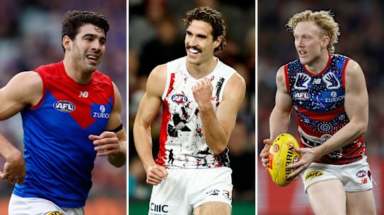 From left: Melbourne’s Christian Petracca, St Kilda’s Max King, and Melbourne’s Clayton Oliver.