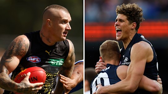 Richmond star Dustin Martin (left) and Carlton key forward Charlie Curnow.