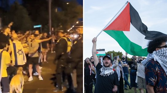 A composite image of pro-Israel and pro-Palestinian protesters in Caulfield on Friday night.