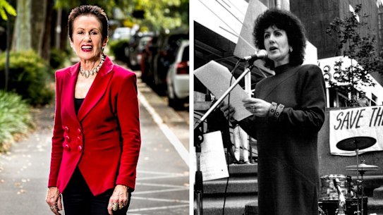 COmposite - Clover Moore, 20 years since first elected to be Sydney Lord Mayor.One of her big changes was the bike lane installations on the busy streets. Clover Moore M.P. for Bligh addresses a lunch time crowd at the amphitheatre in Martin Place to help save the Regent Theatre. July 1, 1988. (Photo by Mark Douglas Baker/Fairfax Media).