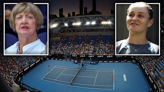 Margaret Court, Ash Barty and Margaret Court Arena  composite for online. Photos: Eddie Jim, Getty