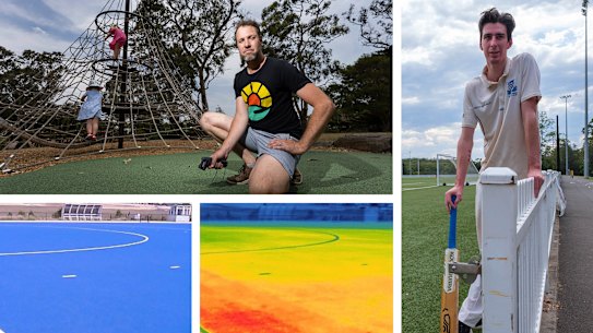 Clockwise from top-left: climate activist Ben Cox at a playground; Michael Middleton batted on a synthetic pitch in Lane Cove. Infrared imaging shows how hot a sportsfield in Gables gets