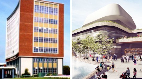 Composite - SHD NEWS May 17, 2020. Andrew Taylor story: Ryde Civic Centre demolition and development - artist impressions. Supplied - Ryde Civic Centre circa 1960’s. The centre is being demolished. Photo: Supplied