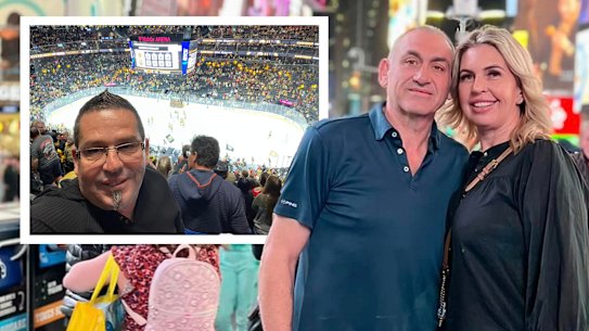 Inset: Tere Sheehan at a game. Right: David and Chontelle Marsh in New York.