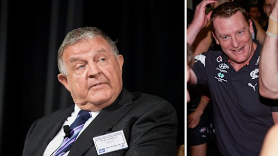Carlton powerbroker Bruce Mathieson (main) was critical of the club’s direction mid-season under coach Michael Voss (right).
