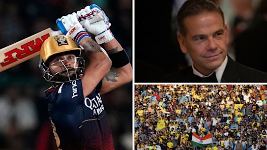 A composite image of Indian superstar Virat Kohli in action and IPL investor Lachlan Murdoch.