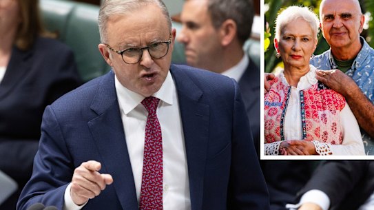 Ali Elliin and his wife Sohila Elliin at their home in Balmain, inset, and Prime Minister Anthony Albanese during question time on Wednesday. 
