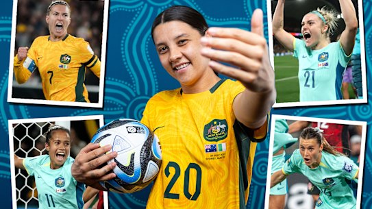 Sam Kerr (centre) with (clockwise from top left) Steph Catley, Ellie Carpenter, Hayley Raso and Mary Fowler.