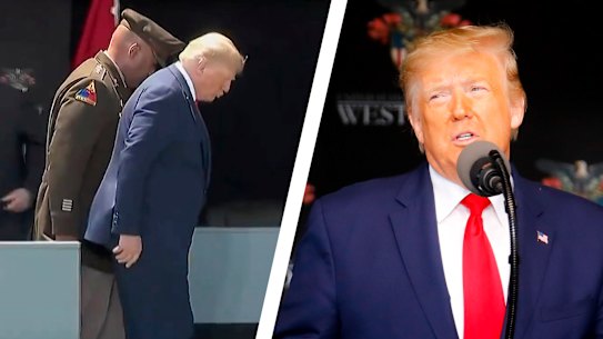 The President defended himself by offering an explanation for his unsteady gait, describing the standard-looking ramp as "steep" and "very slippery." Photo: AP