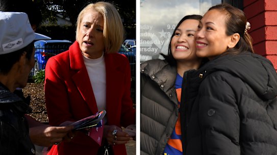 Left: Kristina Keneally. Right: Le Dai engages with the electorate in Cabramatta