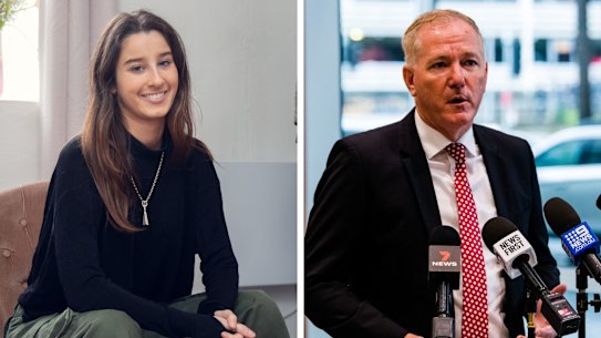 Composite - NSW Police Commissioner Mick Fuller addressing the media today in Sydney regarding a sexual consent app he is proposing. Photographed Thursday 18th March 2021. Photograph by James Brickwood. SMH NEWS 210318Chanel Contos - sex education activist in London. 4th March 2021.  photos by Liliana Zaharia