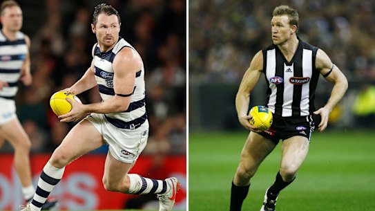 Long socks: Patrick Dangerfield and Nathan Buckley.