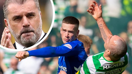 Ryan Kent of Rangers clashes with Celtic’s Scott Brown in an Old Firm game in 2019. Inset, Celtic manager Ange Postecoglou.