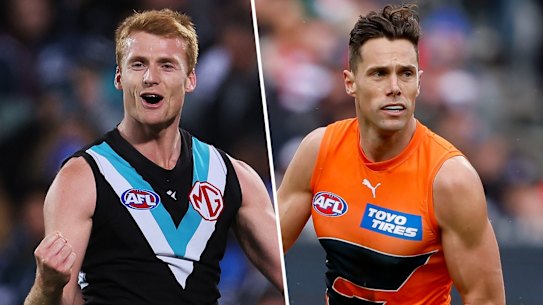 GWS Giants smooth-mover Josh Kelly (right) looms as a likely target for Port Adelaide Power tagger Willem Drew.