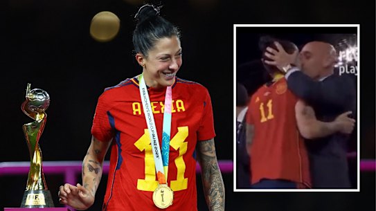 Jenni Hermoso is kissed on the lips by Spanish football federation president Luis Rubiales.