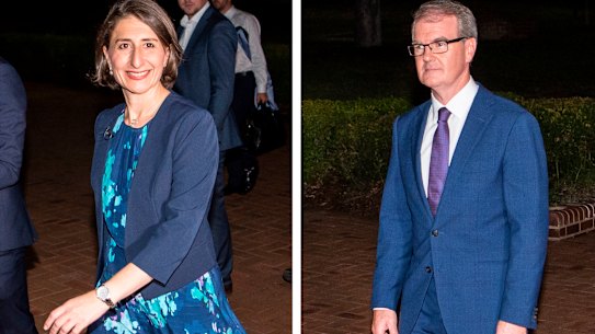 Gladys Berejiklian and Michael Daley leaving the Leaders Debate.