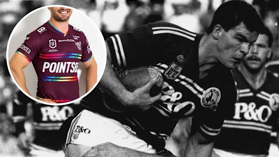 Former Manly enforcer Ian Roberts and (inset) the Sea Eagles’ Everyone in League jersey.