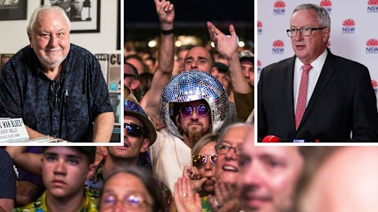 Composite- 26th annual Byron Bay Bluesfest. The crowd at John Mayal show. Photo by Edwina Pickles. Sat 4th April 2015. CORONAVIRUS - COVID-19. Press Conference with NSW Premier Gladys Berejiklian, NSW Health Minister Brad Hazzard and NSW Chief Health Officer Dr Kerry Chant, updating the media in regards to COVID-19 cases in QLD and possible exposure in Byron Bay. Photographed Monday 29th March 2021. Photograph by James Brickwood. SMH NEWS 210329 Spectrum. Portrait of Bluefest founder Peter Noble at the Blues and Jazz Record store, Birdland, in Sydney on March 26, 2019. Photo: Dominic Lorrimer
