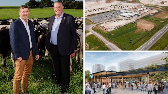 Tony and his son Mark Perich on their property; earthworks has begun at the Western Sydney Airport; and an artist's impression of the train station at Bringelly.