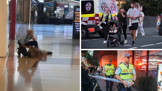 A victim at Bondi Junction Westfield, shoppers fleeing the scene, and police establishing a crime scene on Saturday.