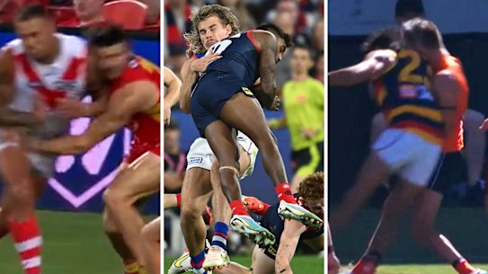 Head-high bumps are the talking point of round one of the 2023 AFL season. Kysaiah Pickett (centre) and Lance Franklin (left) were both offered suspensions for their hits on opponents, while Adelaide’s Shane McAdam (right) is likely to face similar consequences.