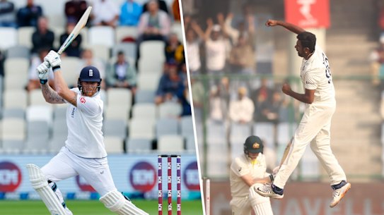England captain Ben Stokes (left), and India’s Ravi Ashwin celebrates a wicket against Australia.