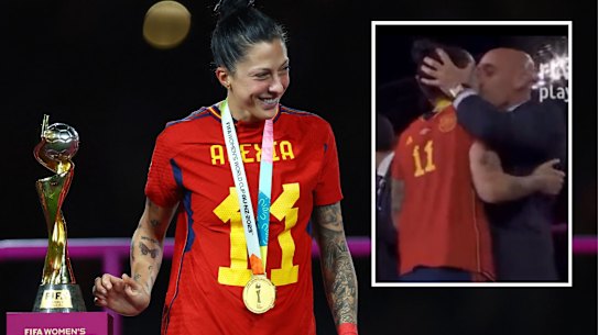 Jenni Hermoso is kissed on the lips by Spanish football federation president Luis Rubiales..