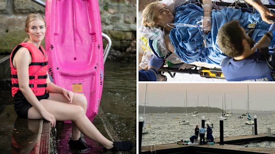Elizabeth Bay shark attack victim Lauren O’Neill and (inset) with her kayak near the scene of the attack.