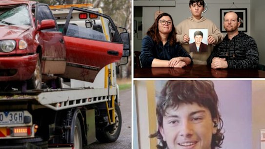 Lee-Ann, Aaron, and Matthew Elmes holding a photo of Josh. The aftermath of the crash on Sunday and other crash victim 
Lucus Garzoli.