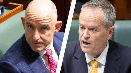 Stuart Robert and Bill Shorten in parliament on Thursday.