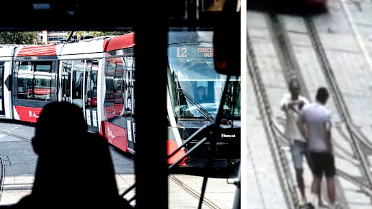 NSW Transport Minister Andrew Constance called a man's selfie "idiotic and dangerous" after being caught on CCTV posing for a photograph in the path on a tram in Sydney’s CBD. 