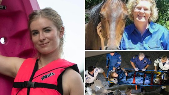 Lauren O’Neill (left) was attacked by a shark in Elizabeth Bay. Vet and neighbour Fiona Crago (top right) provided assistance before paramedics (bottom left) arrived.