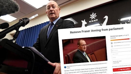 More than a million people have called for Queensland senator Fraser Anning to be removed from Parliament because of his reaction to the terrorist attack in Christchurch