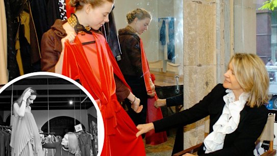 Composite: Australian fashion designer, Carla Zampatti, dresses a model in one of her garments at her store in Surry Hills, Sydney, 9 July 1975.Carla Zampatti and her daughter, Bianca Spender, sort through their collection for the Easter show.  Friday 31 March 2006  SHD NEWS Picture by JANIE BARRETT DIGICAM 0000
