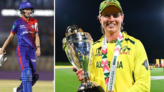 Meg Lanning (left) walks off after losing her wicket in the first final of India’s WPL tournament, and (main) in happier times after Australia won the 2022 World Cup for one-day internationals.